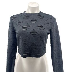 SHEIN Women’s Black Crewneck Hollow Out Distressed Long Sleeve Crop Top Large